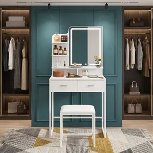 Makeup Vanity Desk with LED Lighted Mirror, Compact Foldable Dressing Table with Foldable Panel, Soft Fabric Storage Drawers and Built-in Power Outlet, Modern Vanity Set with Comfortable Stool and Open Storage Shelves, Space Saving Bedroom Makeup Furnitur