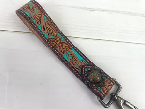Turquoise Painted Tooled Wristlet Leather Keychain