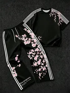 Men's Japanese Cherry Blossom Print Three-Stripe Short Sleeve T-Shirt + Wide Leg Pants Set, Loose Breathable High Elastic Fabric, Streetwear/traditional Style