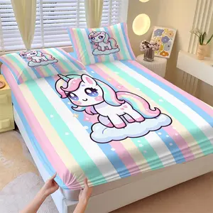 Rainbow Cloud Unicorn Fitted Sheet Set & 2 Pillowcases No Core, Macaron Color Striped & Chibi Cartoon Rainbow Unicorn, Dustproof Anti-Wrinkle Mattress Protector, Lively Dreamy Bedroom Decor, Gift Choice