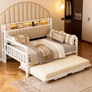 Jocoevol Daybed with Trundle and LED Light, Heavy Duty Metal Full Bed Frame with Upholstered Storage Headboard & Charging Station, Day Bed Pop Up Trundle Bed for Living Room,Bedroom and Guest Room, White