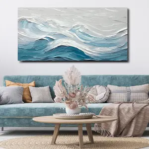 Abstract Wall Art Painting Wall Decor Large Artwork Textured Blue and White Sea Background Canvas Wall Art for Living Room Bedroom Home Decor 24"x48"