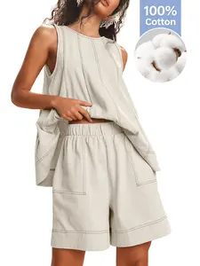Women's 2 Piece Casual Matching Sets Sleeveless Tank Tops High Waist A Line Shorts Contrast Stitching With Pockets Summer Beach Outfit