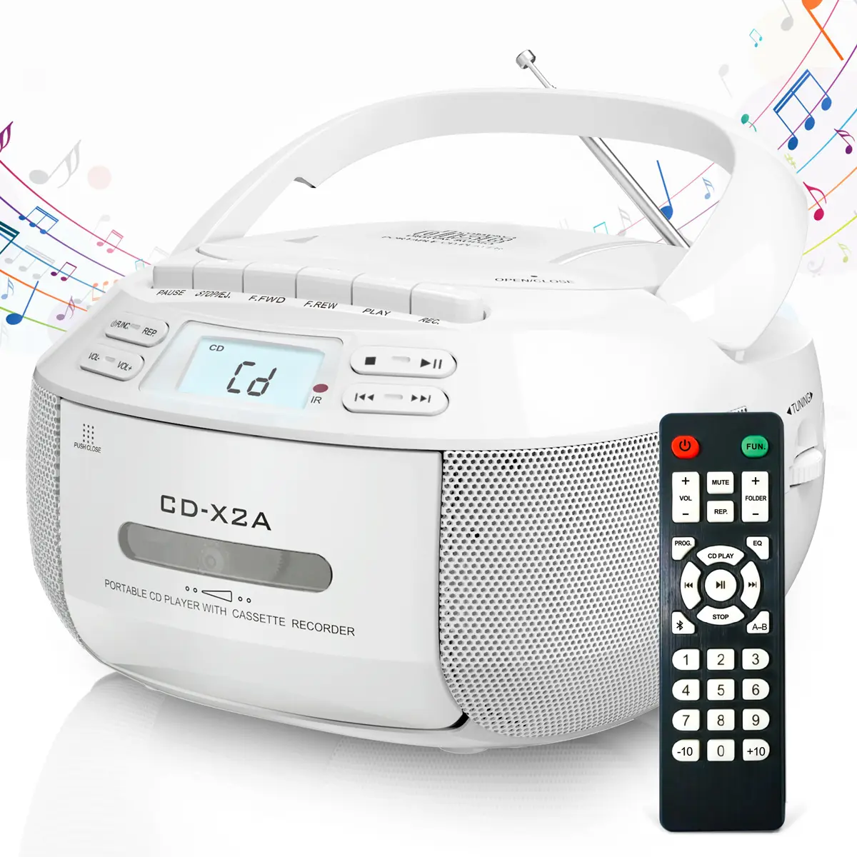 Greadio portable CD&Cassette Player Boombox with Bt,AM/FM radio,HiFi stereo subwoofer, remote,AUX/USB, AC/DC powered,tape recording, LCD display
