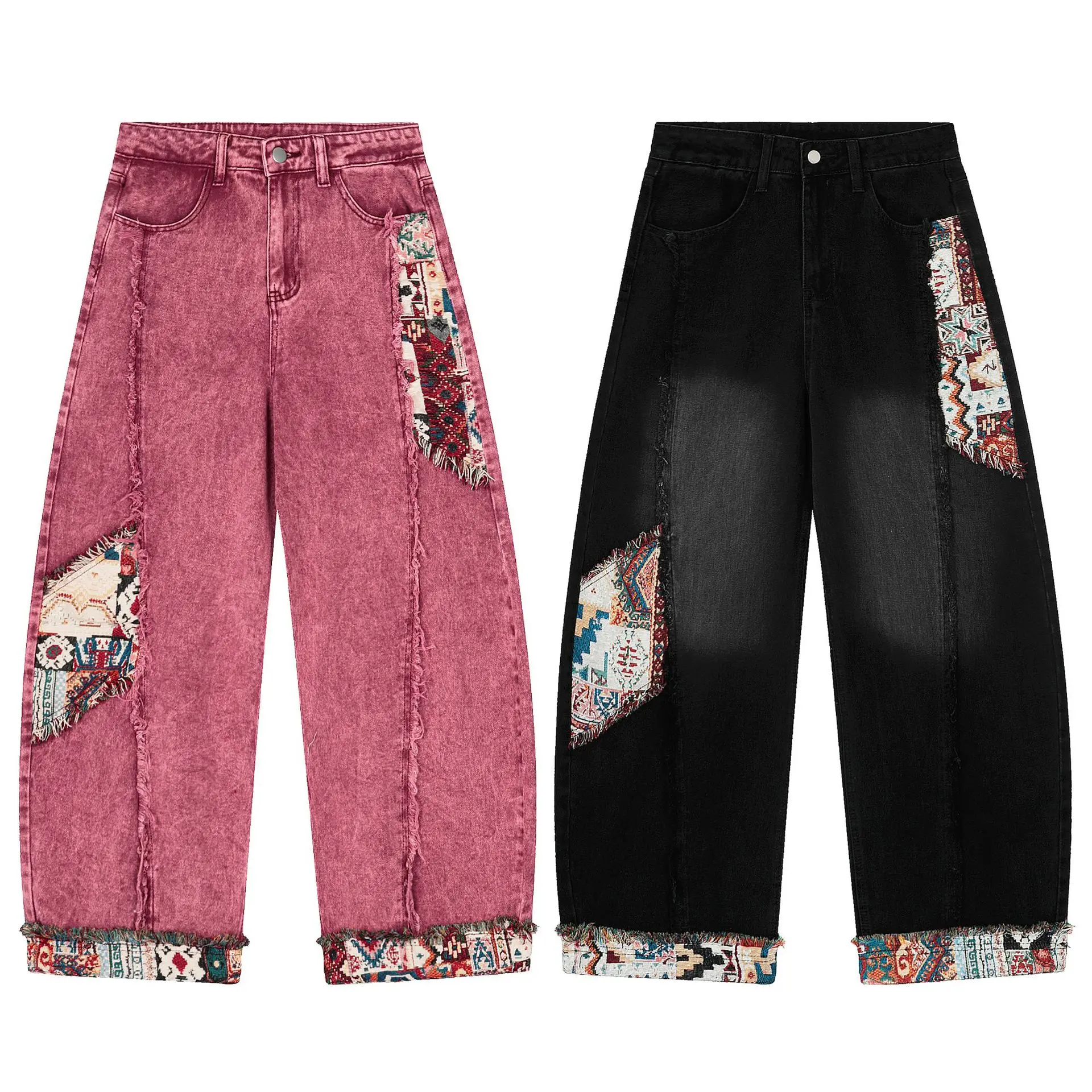 72% Cotton Patchwork Baggy Jeans Super Baggy Barrel Jeans Y2k Vintage Fabric Patchwork Jeans Unisex Straight Leg Wide Leg Trousers Mid-Low Rise Baggy Jeans Unisex Stretchy Wide Leg Distressed Pants Floral Stylish Pink Rose Denim Man