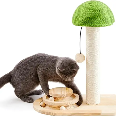 Made4Pets 2-in-1 Wood Mushroom Top Vertical Sisal Scratching Post (15.75in x 10.24in x 19.49in) - Space-Saving Design Cat Furniture with Sisal Ropes, Interactive Track Ball Toy for All Cat Breeds, Vertical Scratcher
