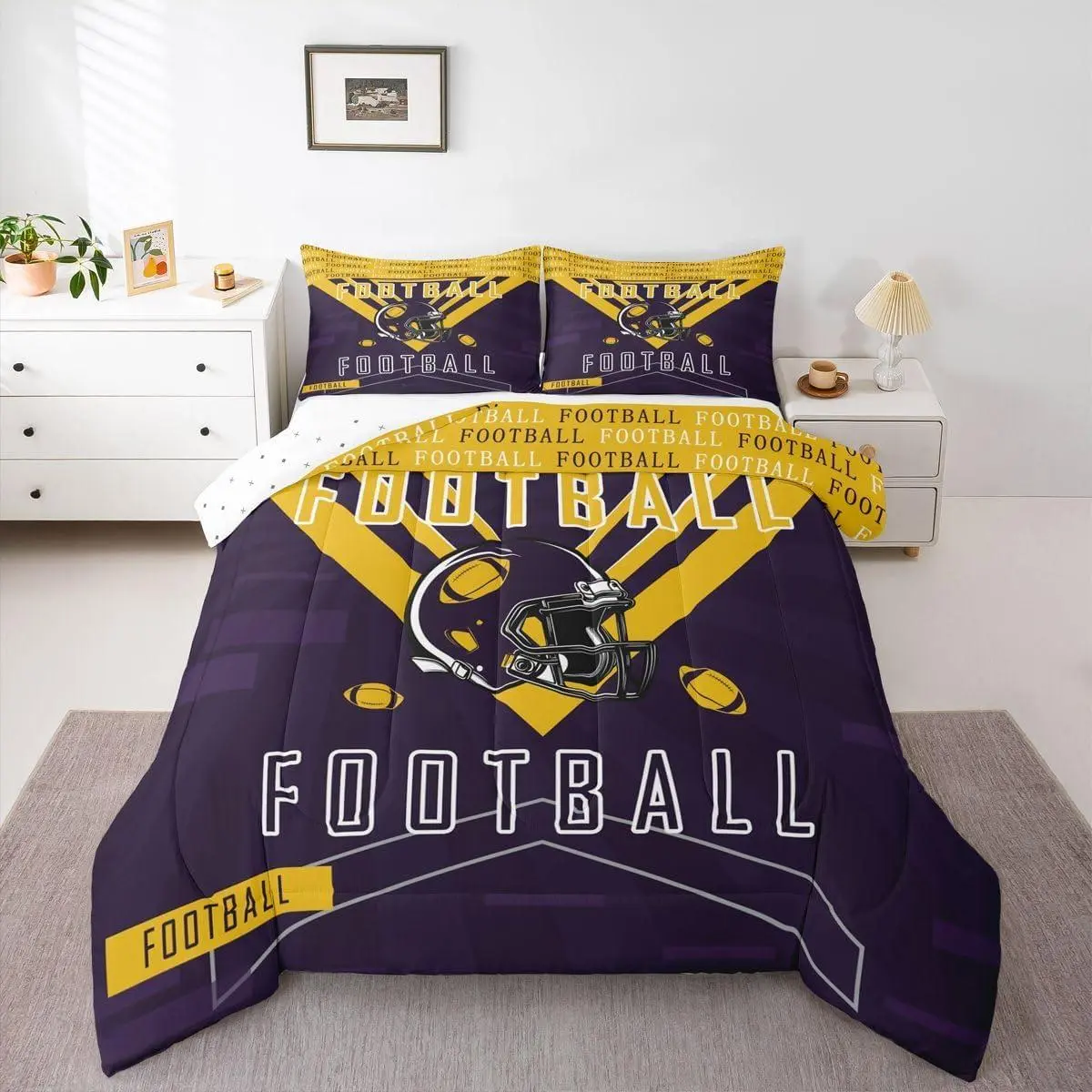 Football Bedding Set Boys Girls Comforter Set Sports Themed Women Men Rugby Sport Duvet Quilt Football City Purple Yellow Room Decor