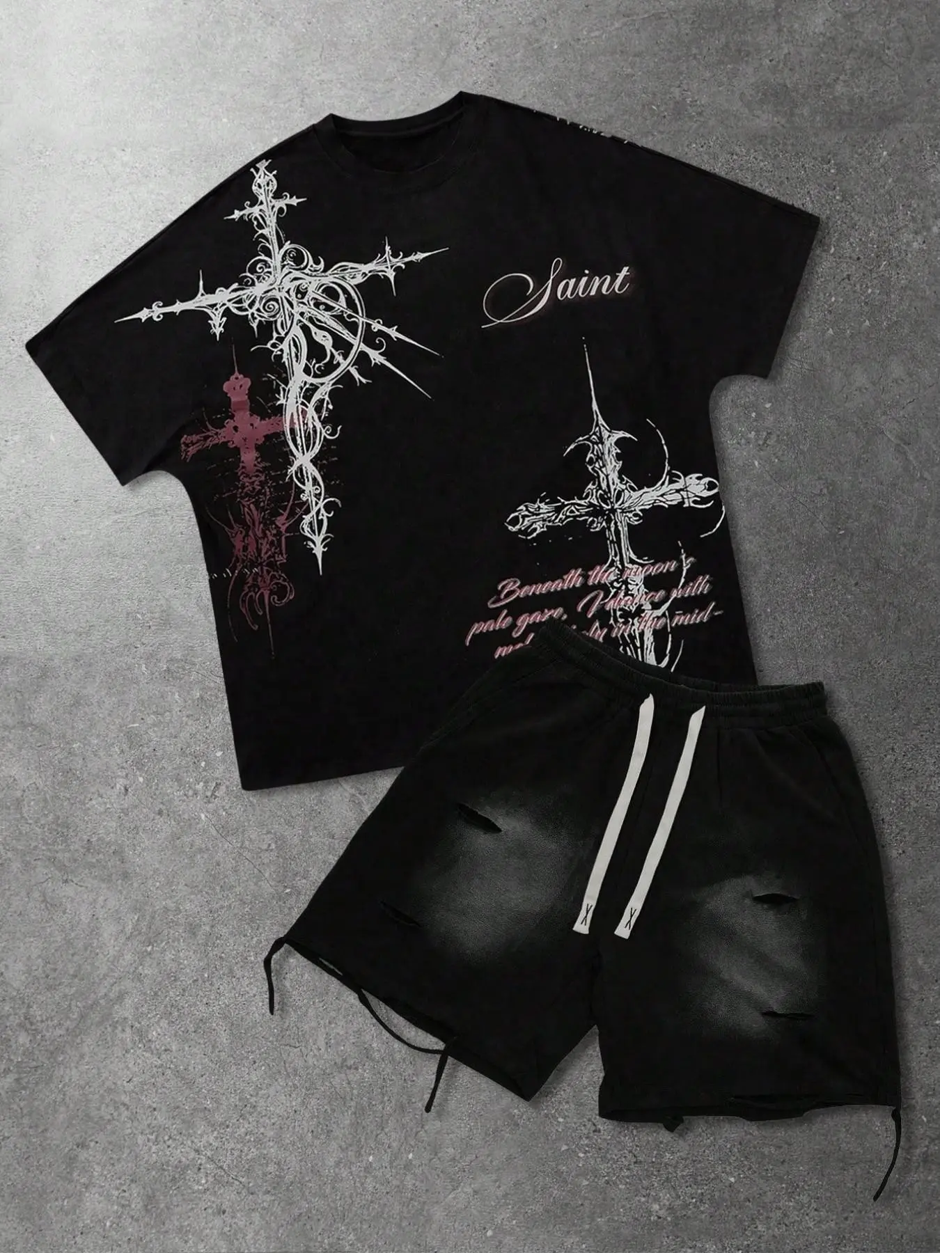 Same design for men and women, urban dark style, street Gothic Clothes, crossprint round-necked short-sleeved T-shirt and tiger-print rip-and-sew design drawstring waist shorts set, S
