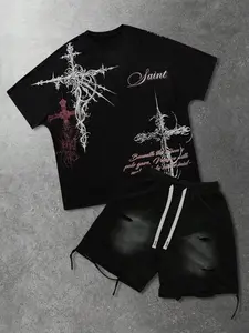 Same design for men and women, Unisex, urban dark style, street gothic fashion. Gothic-style crossprint round-necked short-sleeved T-shirt and tiger-print rip-and-sew design drawstring waist shorts set. Urban Streetwear clothing. S