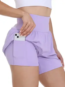 Women's High-Waisted Workout Shorts - Flowy Gym Yoga Running Athletic Shorts with Pockets, Cute Summer Sweatpants, 4 Ways Stretch Fabric, Side Hidden Pocket & Back Pocket, Fashion Look, Trendy Athleisure Clothes