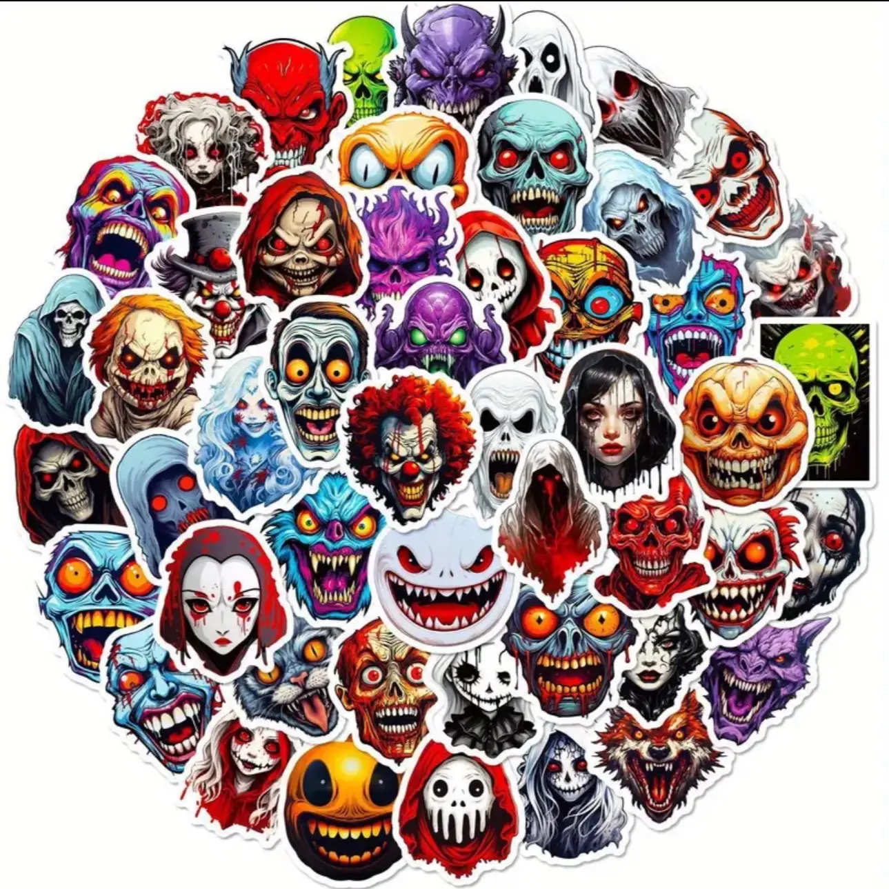 50 Pack of Horror, Skeleton, Zombie and Scary Themed Stickers and Waterproof Decals