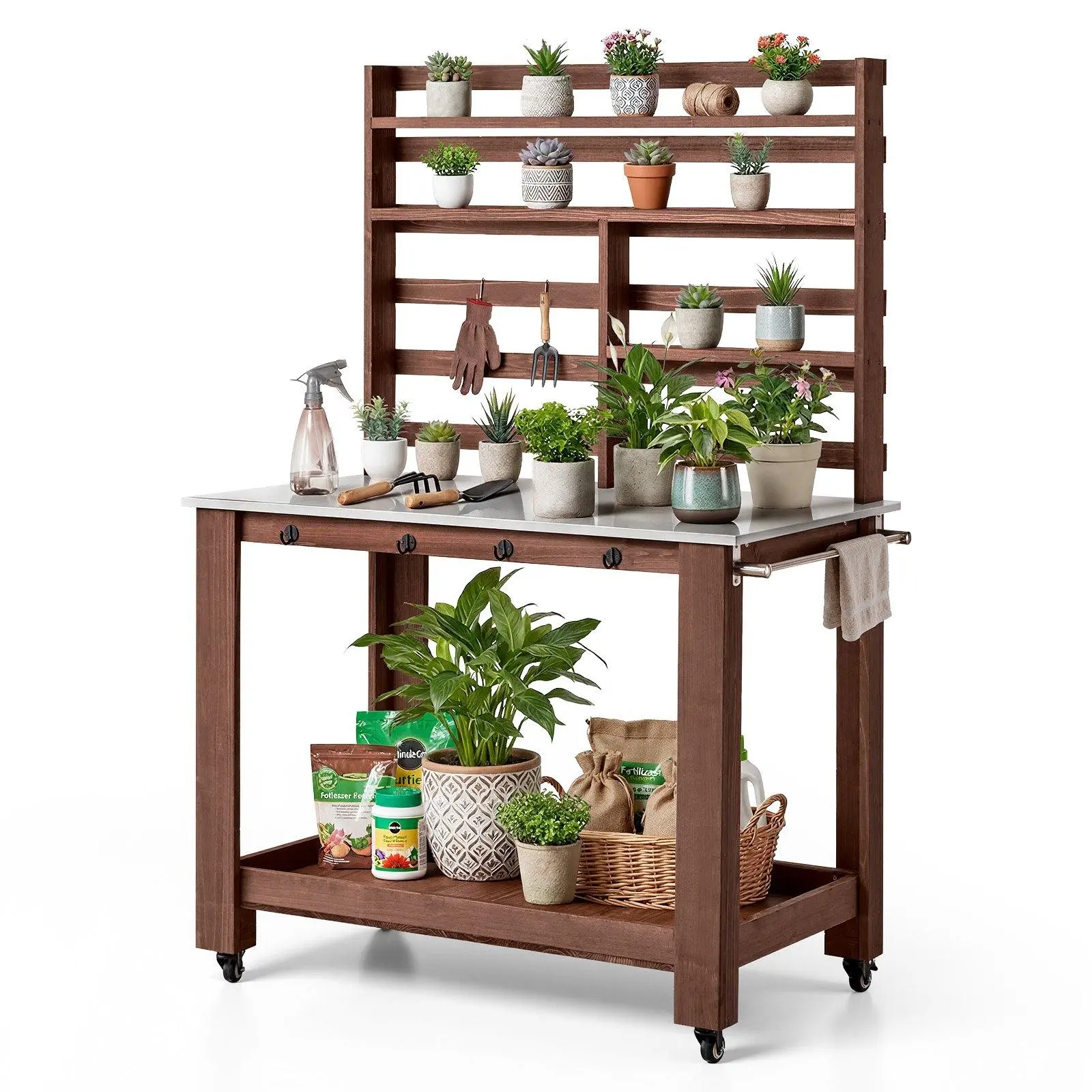 Fir Wood Outdoor Potting Bench Table (45x26in) - Stainless Steel Waterproof Top, Multi-Layer Storage Shelves, 4 Universal Casters, Hanging Hooks - Upright Gardening Workstation for Patio Backyard Planting