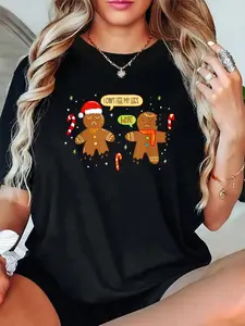 Women's 100% Cotton Fabric Short-Sleeve Graphic T-Shirt - Relaxed Everyday Fit, Unisex Funny Gingerbread Man Print, Cute Christmas Cookie Style, Breathable Casual Vibe Tops