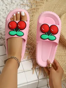 Summer New Cute Cherry Slip-On Sandals, Thick Sole Anti-Slip Outdoor Slippers, Sweet Home Shoes for Girls, Casual PU Leather