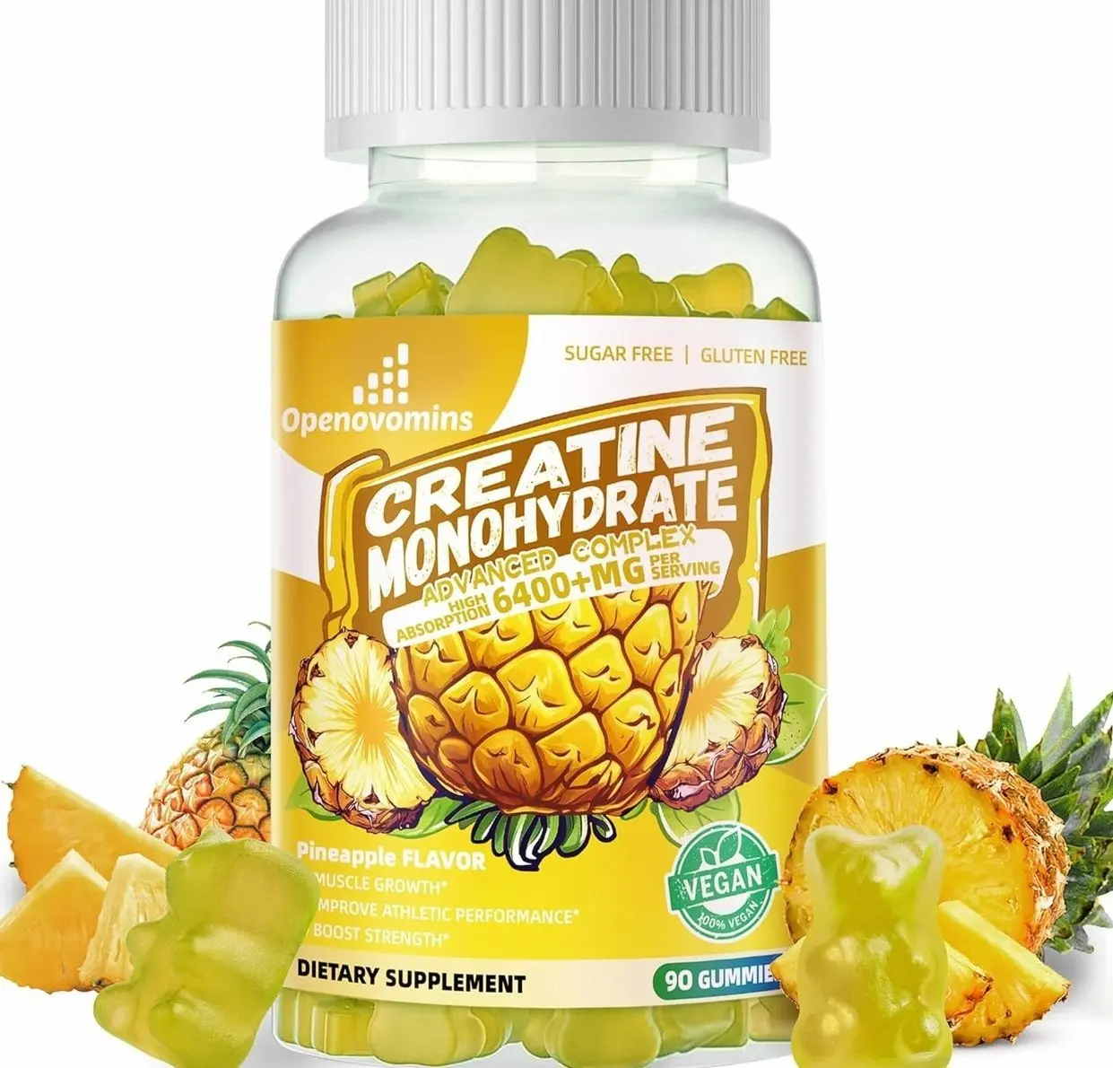 Creatine Monohydrate Gummies Complex for Men & Women -Advanced Formula W/L-Taurine + Vitamin B12, Sugar Free Chewable Supplement,90 Pineapple Gummies
