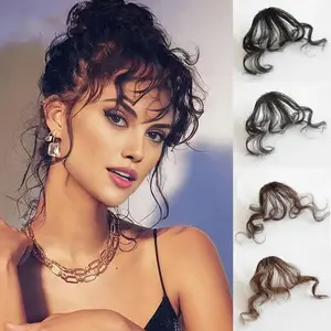 Curly Bangs Clip in Hair Extension, Synthetic Hair French Bangs Clip on Wispy Bangs Natural Curly Air Bangs Fake Fringe Bangs Hair Piece for Women - Dark Brown