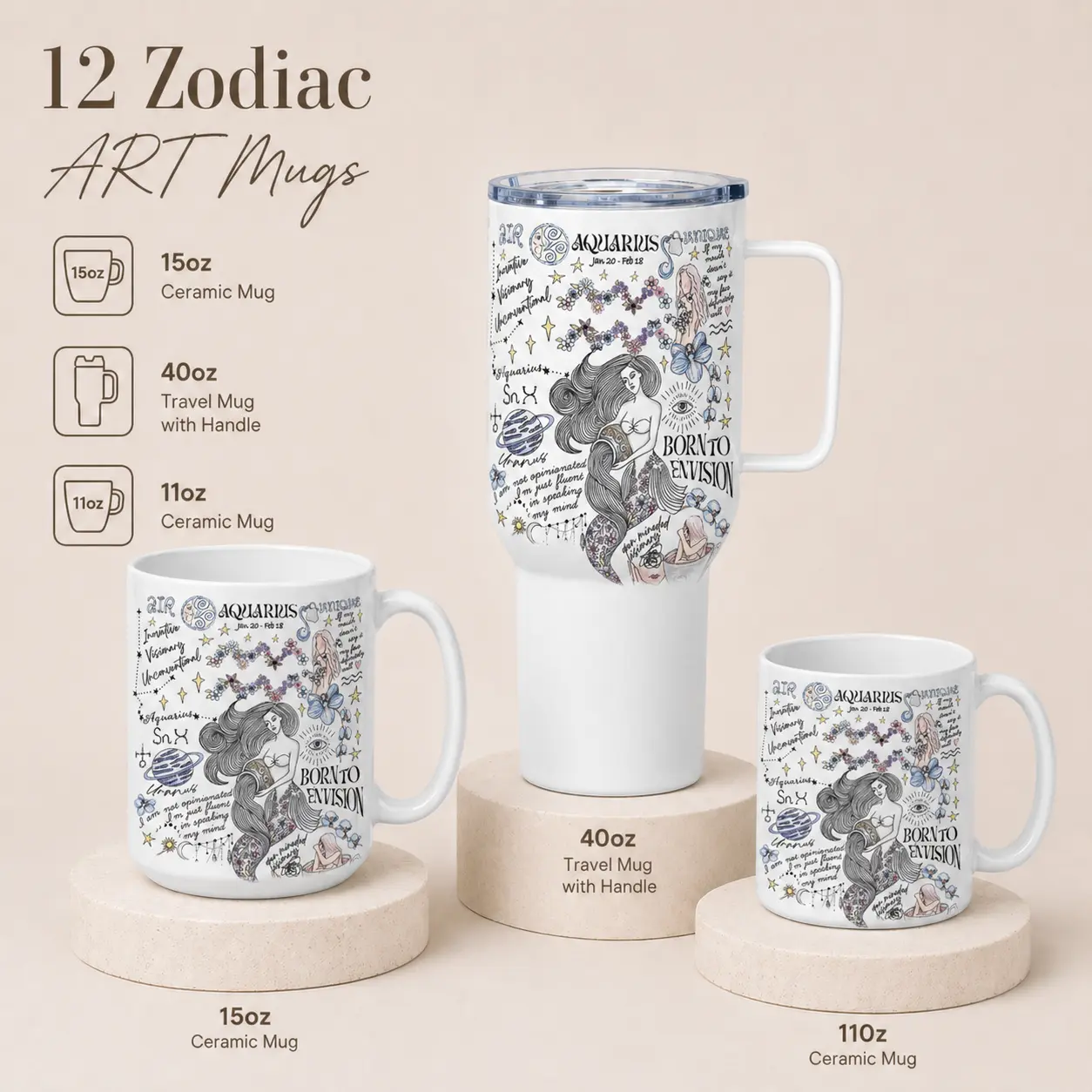 12 Zodiac - Aquarius Zodiac Art Mug – Astrology Coffee Cup, Born to Envision, 12 Zodiac ART Mugs Collection, Horoscope Gift, Travel Mug 15oz, 40oz, 11oz