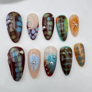 Chic Nail Studio Tropical Shell Press-On Nails, 3D Reptile Pattern, Earthy Blue & Amber Tones, Custom Press-On Nail, Summer Beach Vacation