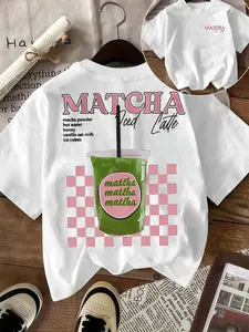 Tiktok Trend Matcha Latte Print Cotton T-Shirt, Oversized Loose Fit, Soft Skin-Friendly Material, Casual Home & Coffee Shop Wear