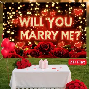 1pc，Proposal Background Banner, Polyester Fabric, Can I Marry You Heart Rose, Wedding Valentine's Day Anniversary Photo Booth Decor