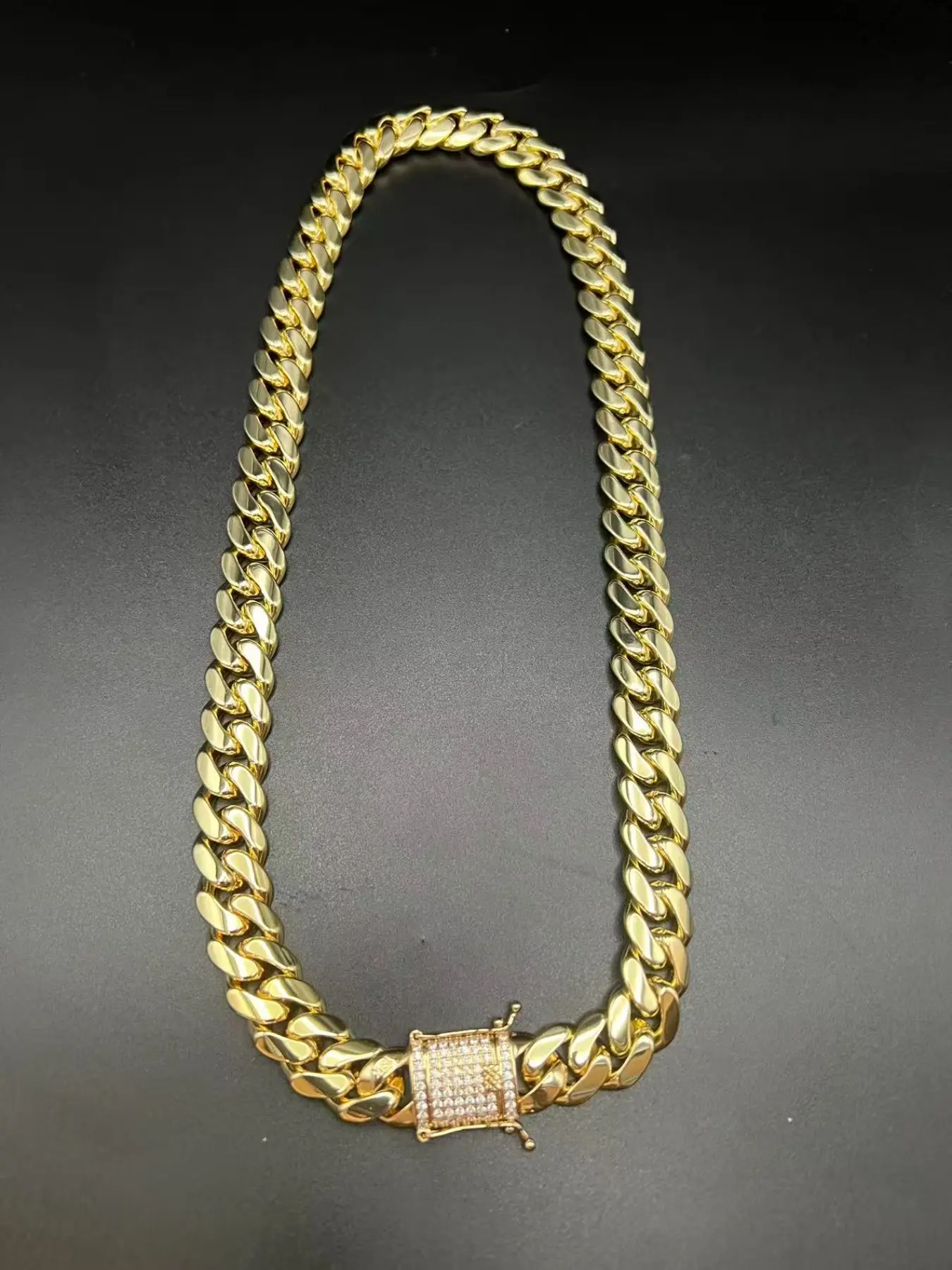 14mm Gold Plated Miami Hip Hop Cuban Design Chain Link Necklace, Cuban Chunky Chain, Stainless Steel Chain, Zircon Buckle, Zircon Accent, Durable and High-Quality, All Seasons Party Style, Cubic Zirconia Necklace