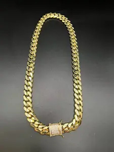 14mm Gold Plated Miami Hip Hop Cuban Necklace, Stainless Steel Chain, Zircon Buckle, Durable and High-Quality, All Seasons Party Style