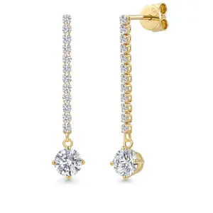 14K Yellow Gold Gemstone Birthstone and White Lab Grown Diamond Long Liner Dangle Earrings for Women | Round 5MM | Yellow Gold Chain Drop Earrings