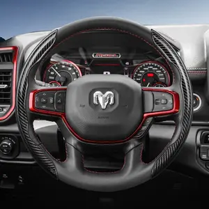 For Ram Segmented Carbon Fiber Steering Wheel Cover, Car Steering Wheel Insert Accessories, Sporty Style Non-Slip Comfortable Grip Quick-Install Design All-Season Compatibility For Pickup/ProMaster/1500/2500/3500 Black Blue Red