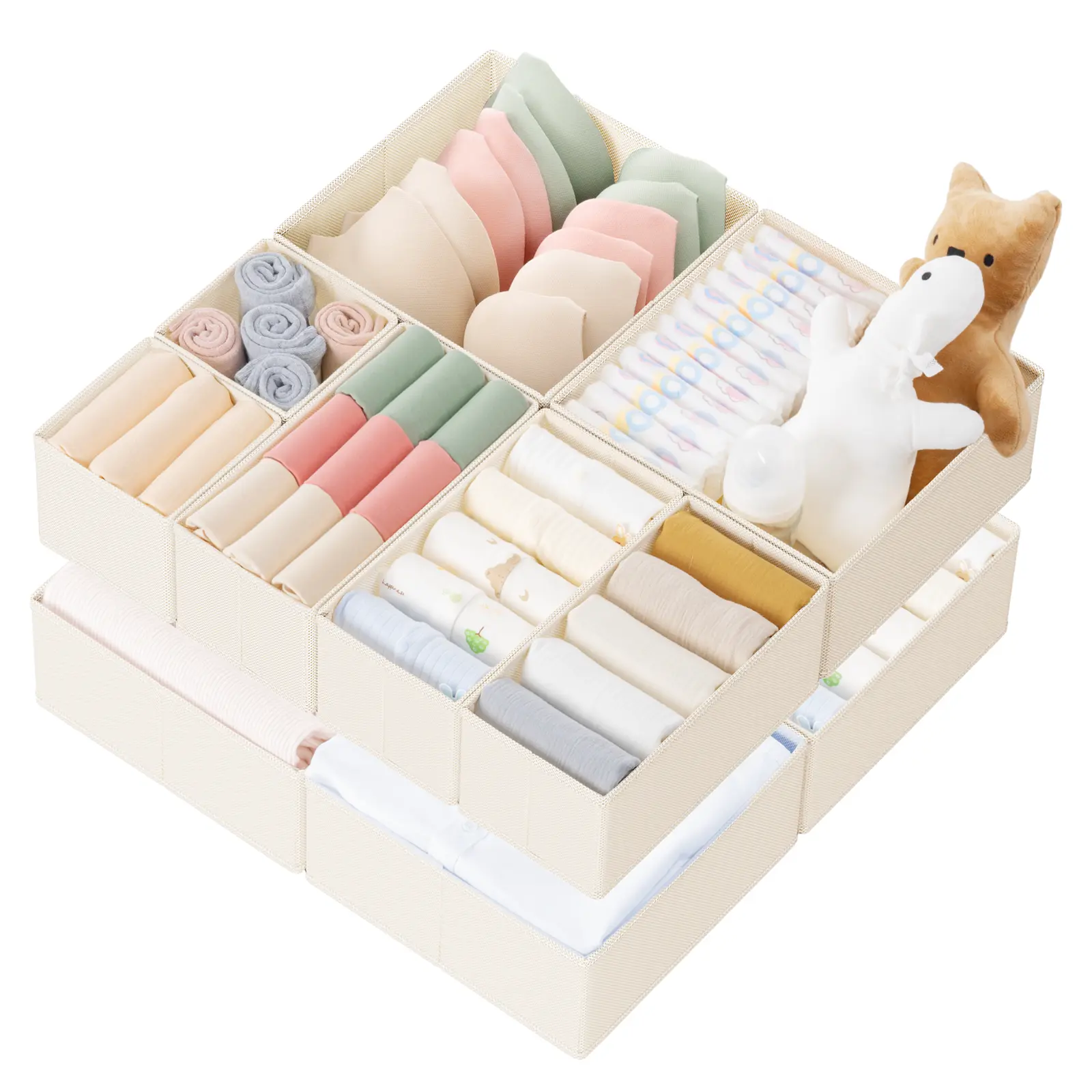 Criusia 10-Pack Plastic Foldable Square Drawer Organizer Bins Set - Collapsible Storage Bins, Foldable Stackable with Divided Compartments, Compartmentalized for Nursery Organization, Baby Clothes