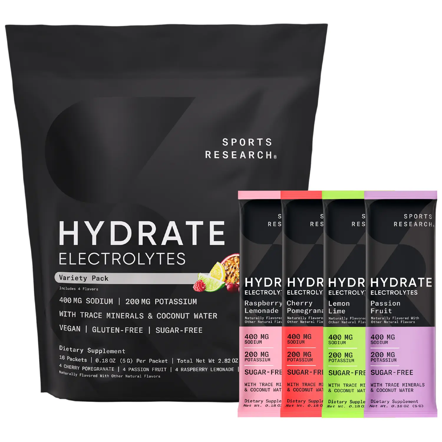 Sports Research Hydrate Electrolytes Powder Packets - Sugar Free & Naturally Flavored with Vitamins, Trace Minerals, and Coconut Water Powder - No Sug