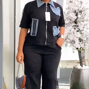 Women's 2-Piece Set - Stylish Black Jacket with Denim Patches & Matching Pants - Perfect for Casual Wear