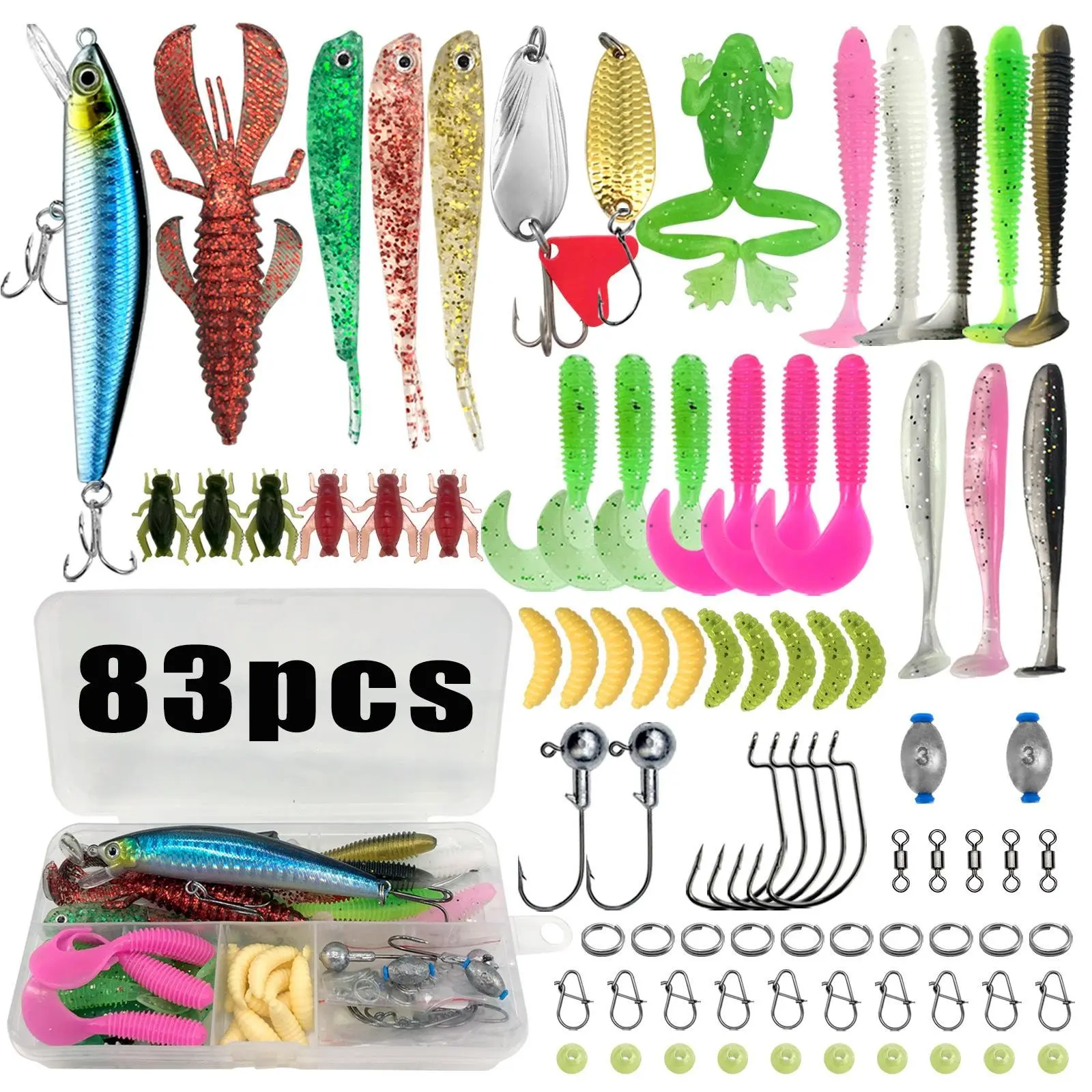 Complete Fishing Lure Set, Artificial Fishing Lure, Includes Bait, Spinner, Swivel, Treble Hook, Plastic Worm, Lead Sinkers, Hooks, and More Fishing Gear, Fishing Lure Kit
