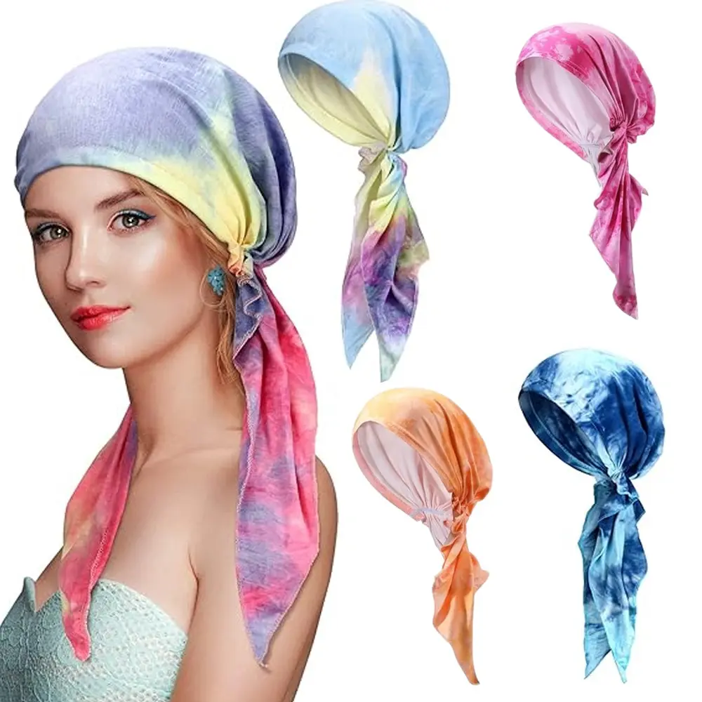 4Pcs Chemo Headwear Caps for Women, Pre Tied Cancer Caps Head Scarf Turbans Hats for Women Patients Gifts