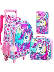 3pcs Unicorn Rolling Backpack Set for Girls, Glitter Sequin Unicorn Kids Travel Luggage with Insulated Lunch Bag & Pencil Case, Ideal for Kindergarten & Elementary Students