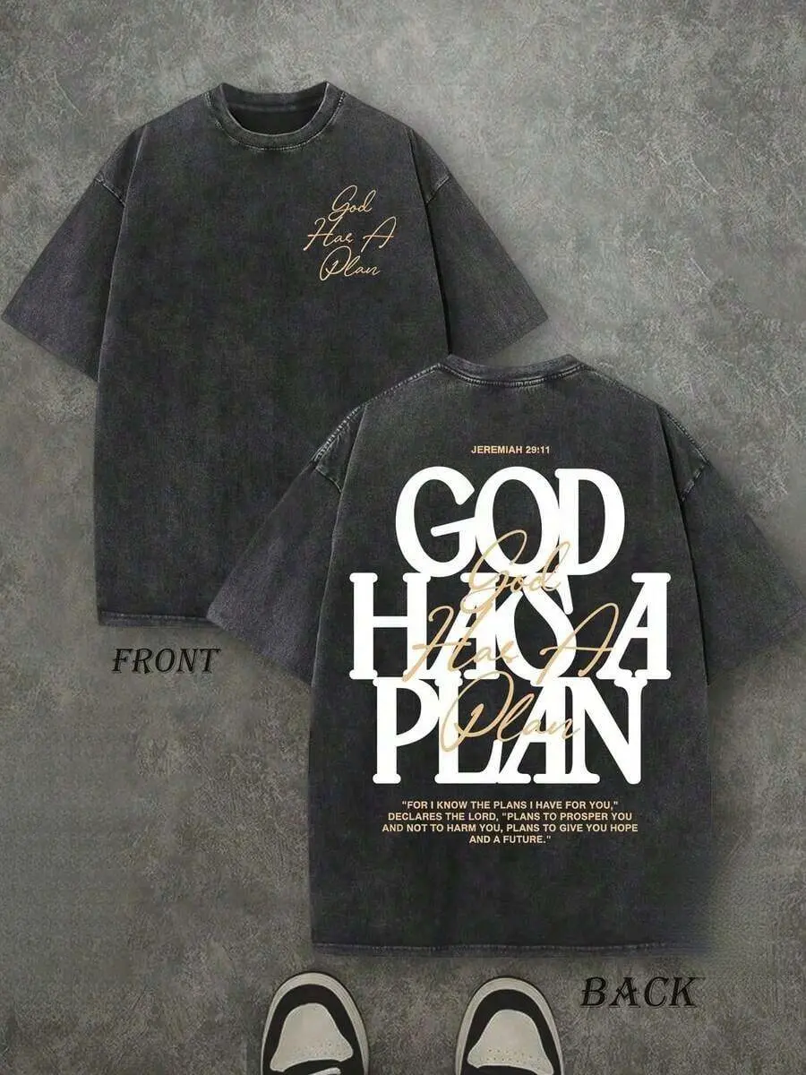 【FathersDayGift】Jesus Tee God Has A Plan Graphic Tee Double-Sided Print Holiday Gifts Y2K Men's Graphic Tees, Street Style Vintage Washed T - Shirts,Unisex Graphic Tees Halloween Back To School#DealsForYouDays