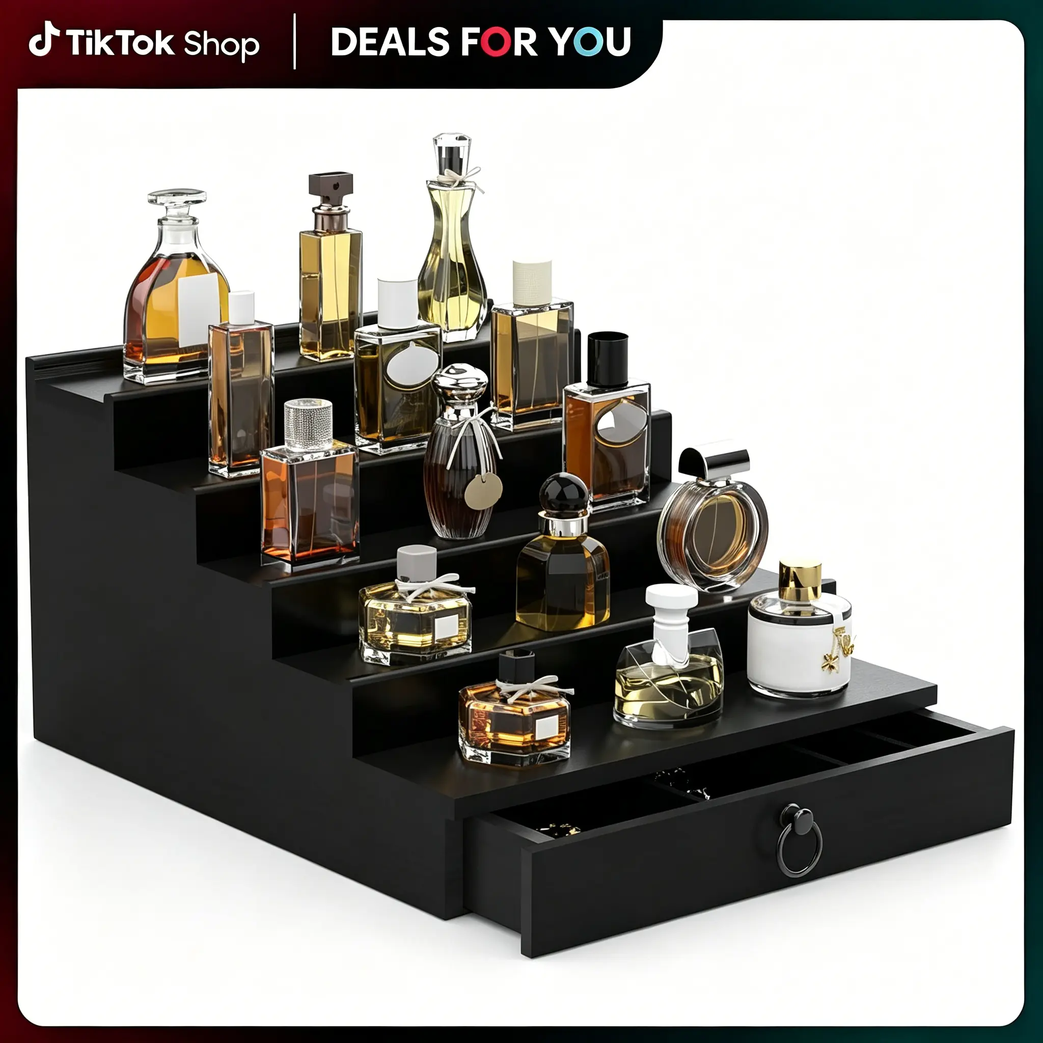 4/5-Tier Clear Compartment Display Storage Organizer Rack - Black Wood Frame with Hidden Drawer, 5-Layer Desktop Cologne Stand Display for Men’s Accessories, Home Organizer Gift #TikTokShopDealsforYouDays