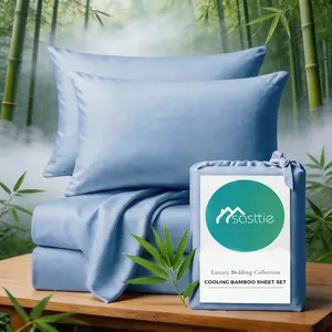 SASTTIE 4PCS Bamboo Cooling Fiber Bed Sheet Set - Viscose from Bamboo, Ultra Soft & Breathable with 14‘’ Deep Pocket Fitted Sheet, Flat Sheet & Pillowcases, Perfect for Hot Sleepers, All-Season Hotel-Quality Bedding