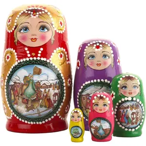 5 Pieces Russian Nesting Matryoshka Dolls Set Handmade Wooden Stacking Nested Story Girl Toys for Children Kids Christmas Birthday Halloween Wishing Gift (Red Girls)