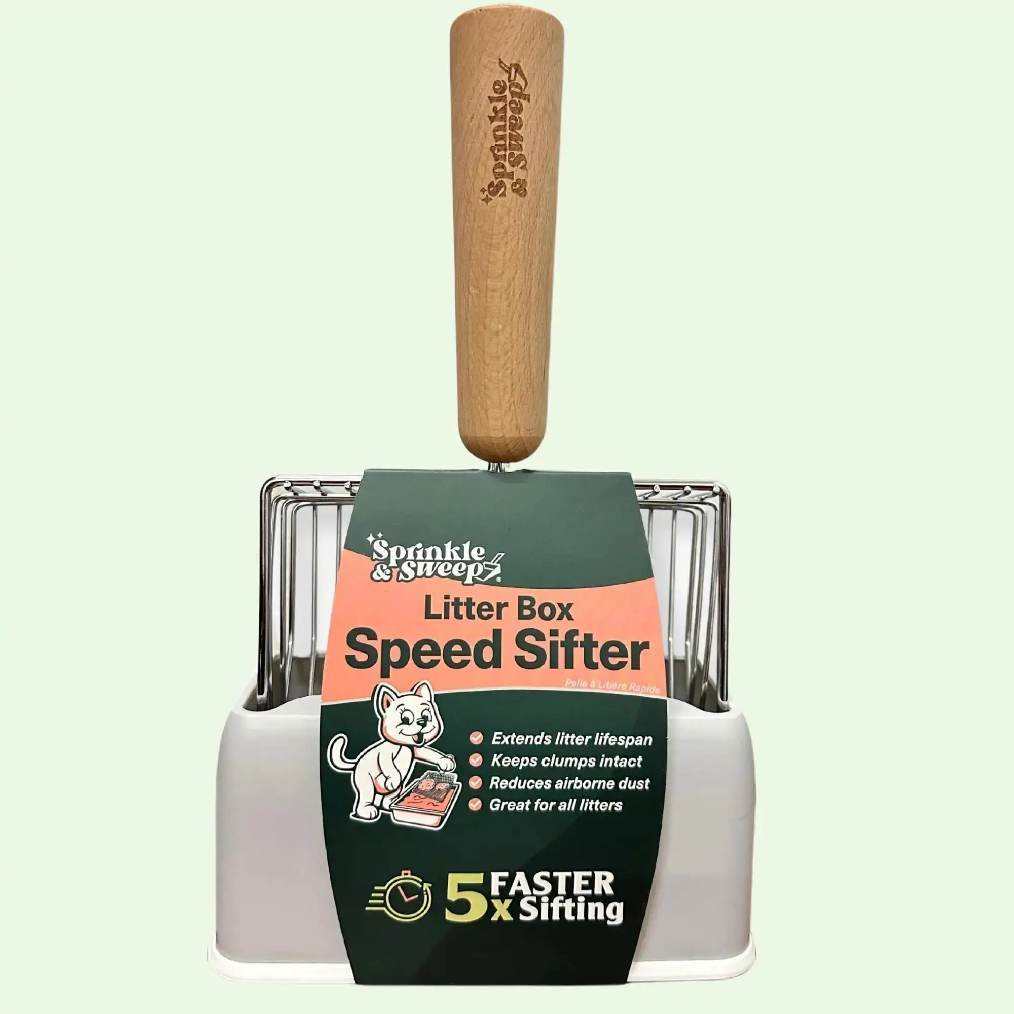 Sprinkle & Sweep Speed Sifter Cat Litter Scoop with Holder Heavy Duty Metal for Easy Cleanup 5X Faster Sifting Durable Cat Supplies Non-Stick Rust-Res