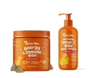 Zesty Paws Wellness Duo Bundle -  16oz Salmon Oil + 90 Allergy & Immune Bites  - Unlock your dog’s full health with Wild Alaskan Salmon Oil and Lamb Allergy Support Bites — the perfect wellness duo. Chews Natural