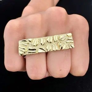14K Gold-Plated Double Finger Ring for Men & Women, Nugget Texture & Dollar Bill-Inspired Designs, Hip Hop Statement Jewelry