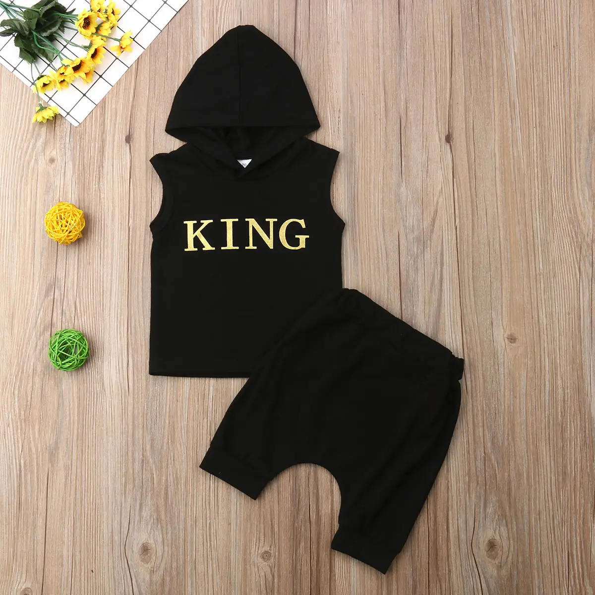 Baby Boy's Summer Outfits Sets Hooded King Letter Print Sleeveless Vest Top + Solid Color Shorts
