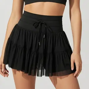 High Waist Drawstring Ruffled Layered Tulle Mini Skirt with Liner