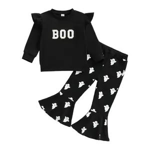 REDWOON Halloween Outfits For Baby Girls Boo Embroidery Sweatshirt Ghost Print Flared Pants Toddler Infant Girls Halloween Fall Clothes