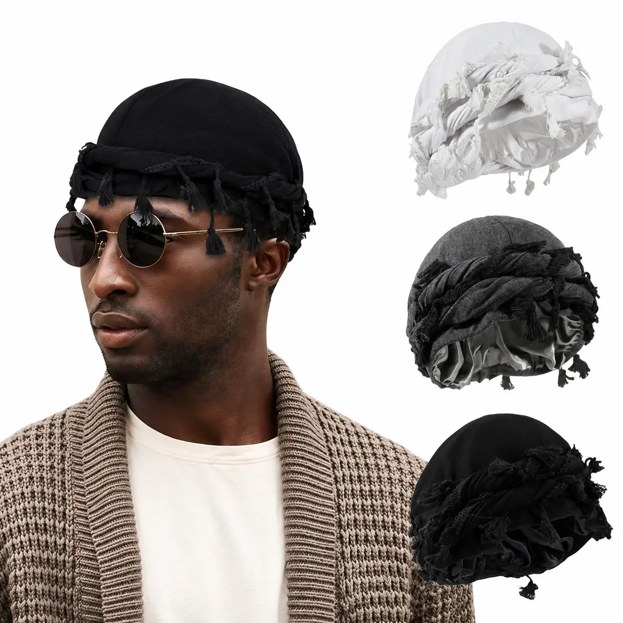 Silk Satin Lined Knitted Turban Cap, Adjustable Twist Durag Head Wrap for Men & Women, Breathable Hair Protection Hat, 2026 Back to School Essentials, Knitted Fabric, Daily, Plain, Unisex