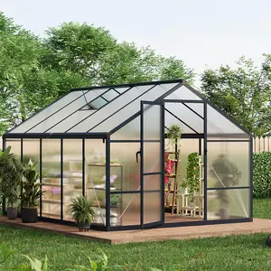 GAOMON 8x10ft Greenhouse Aluminum Greenhouse for Outdoors with Roof Vent, Lockable Outward-Opening Swing Door, Heavy-Duty Polycarbonate Walk-in Green House for Garden, Backyard, Patio, Lawn, Dark Grey
