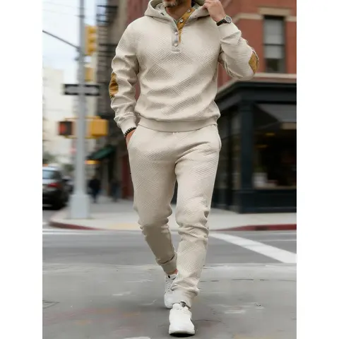 Vintage Style Men's 2-Piece Loungewear Set - Textured Fabric Hoodie with Button Placket & Contrast Details Casual Beige