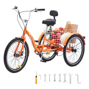 VEVOR Adult Tricycles Bike,  20 Inch Three-Wheeled Bicycles, 3 Wheel Bikes Trikes, Aluminum Alloy Cruiser Bike with Basket & Adjustable Seat, Picnic Shopping Tricycles for Seniors, Women, Men (Orange)