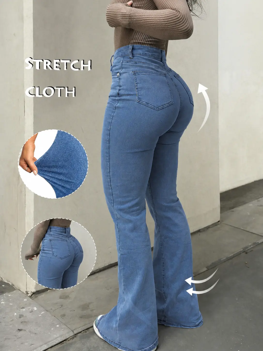 Women's Mid-Rise Stretch Light Wash Figure-Hugging Push-Up Flared Bootcut Denim Jeans for Daily Wear