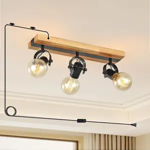 3 Light Plug in Track Light,Farmhouse Plug in Ceiling Light with 14.76-Foot Cord,Rotatable Ceiling Spotlight for Kitchen Dining Room Cabinet Hallway Living Room(No Bulb)